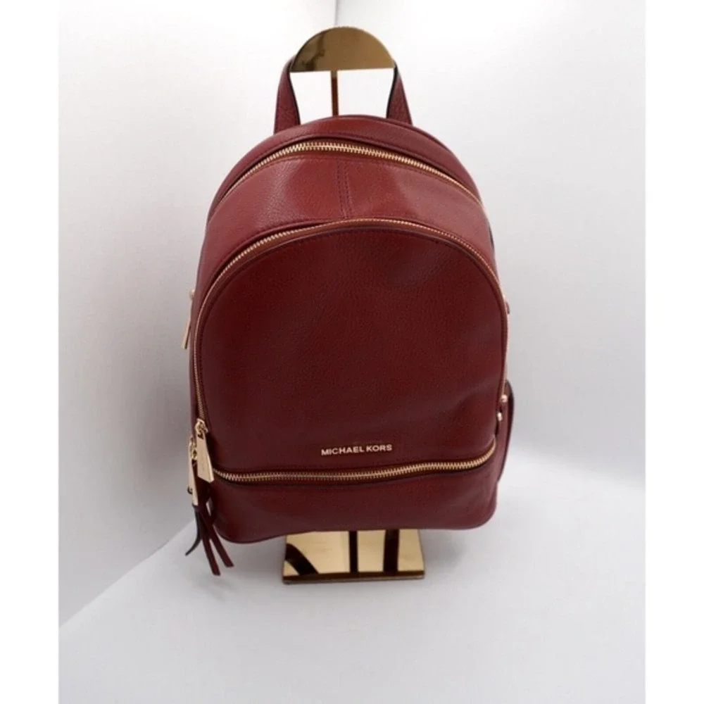 Michael Kors‎ Rhea Medium Pebbled Leather Backpack Burgundy Gold Hardware 37-08
